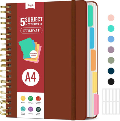 Hardcover Spiral Journal Notebooks for Work With Removable Dividers & Tabs, 8.5"x11" 5 Subject Notebook for Note Taking & Organizer, A4 College Ruled Lined Journal for Women & Writing, Aquamarine, 280 Pages