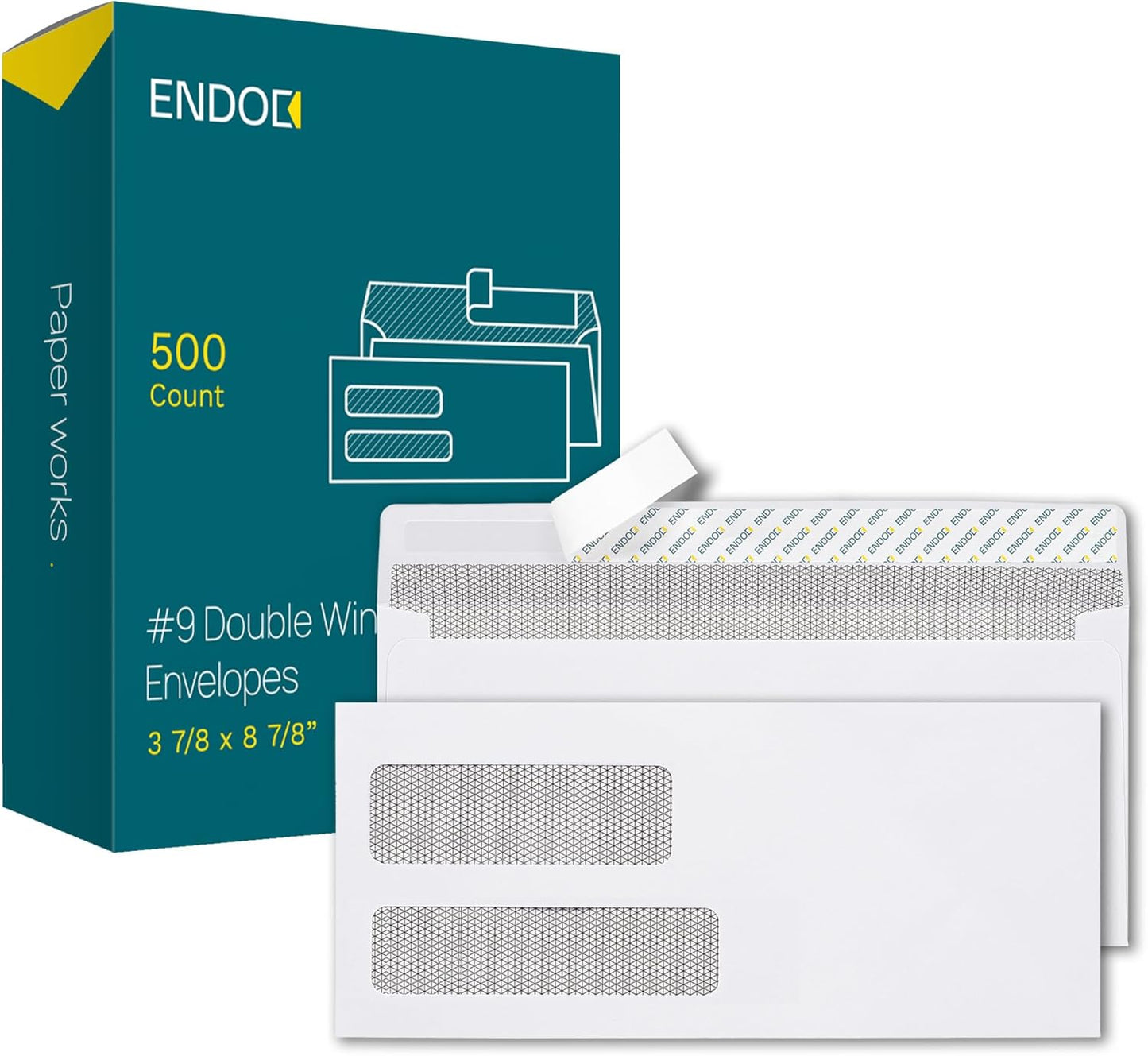 EnDoc 500#9 Double Window Envelopes Self Seal, 3 7/8 x 8 7/8" Security Tinted Envelopes for Invoices & Statements, Business Mailing Envelopes with Windows, Bright White 24lb Paper no. 9