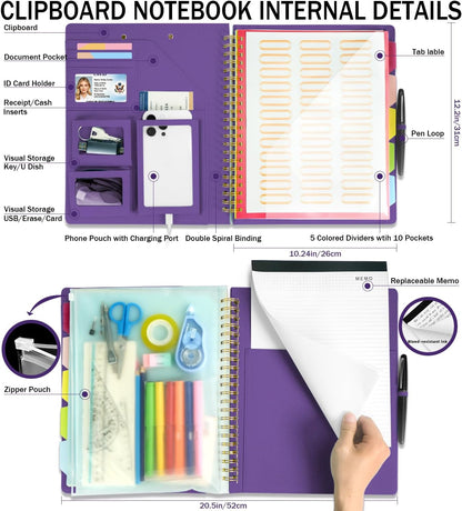 Grey Foldable Spiral Clipboard Folio with Storage Zipper Pouch, 5 Plastic Folders with Pockets,Refillable Lined Notepad (8.5" x 11"), Hardcover Project Organizer with 39 Stickers