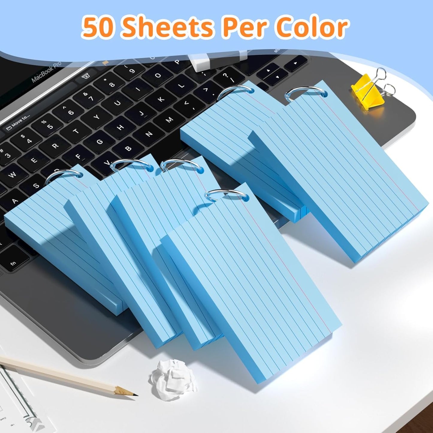Index Cards 3x5 Inches, 300 PCS, Colored Flash Cards With Ring, Punched Lined Study Card Ruled Flashcards Notecards, Ruled Front And Blank Back, Note Card for School, College And Home