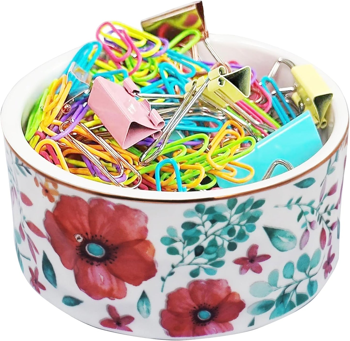 Paper Clip Holder Ceramic Paper Clip Holders Garden Floral Paperclips Holder Dispenser Cute Gold Line Paper Clip Organizer for Desk Binder Clip Holder Bobby Pin Hair Gift for Office Mint Flowers