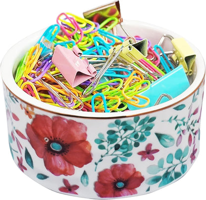 Paper Clip Holder Ceramic Paper Clip Holders Garden Floral Paperclips Holder Dispenser Cute Gold Line Paper Clip Organizer for Desk Binder Clip Holder Bobby Pin Hair Gift for Office Mint Flowers