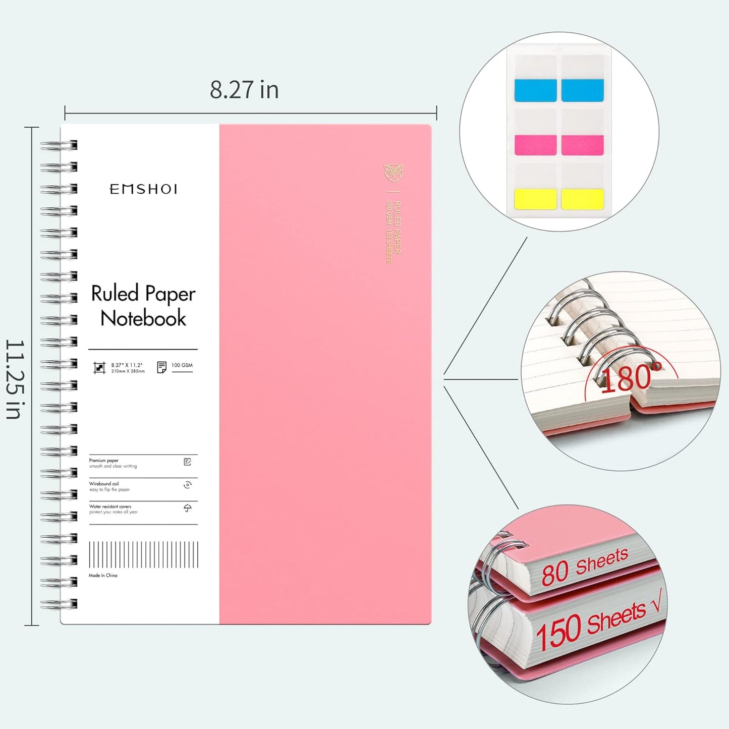 EMSHOI A5 Spiral Notebook College Ruled Lined Journal, Small 5.7" X 8.22", 300 Pages/150 Sheets, 100gsm Thick Paper, Waterproof Hardcover, for Office School Women Men Work Writing Notes, Blue