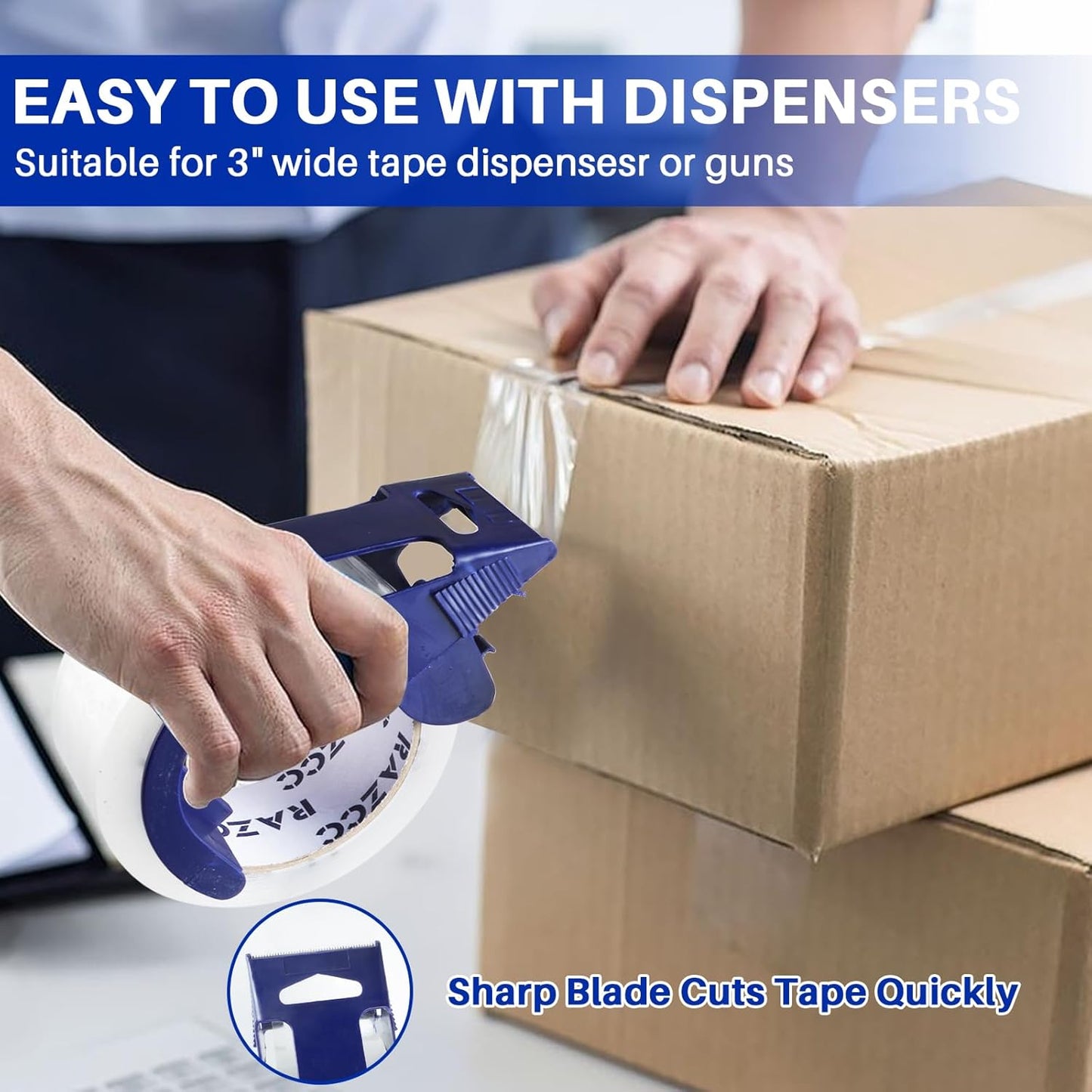 RAZCC Packing Tape, 18 Rolls Clear Heavy Duty Packaging Tape with Dispensers for Packing, Shipping, Moving and Mailing, Thicker Sealing Tape-1.88" x 65 Yards Per Roll, 1170 Total Yards