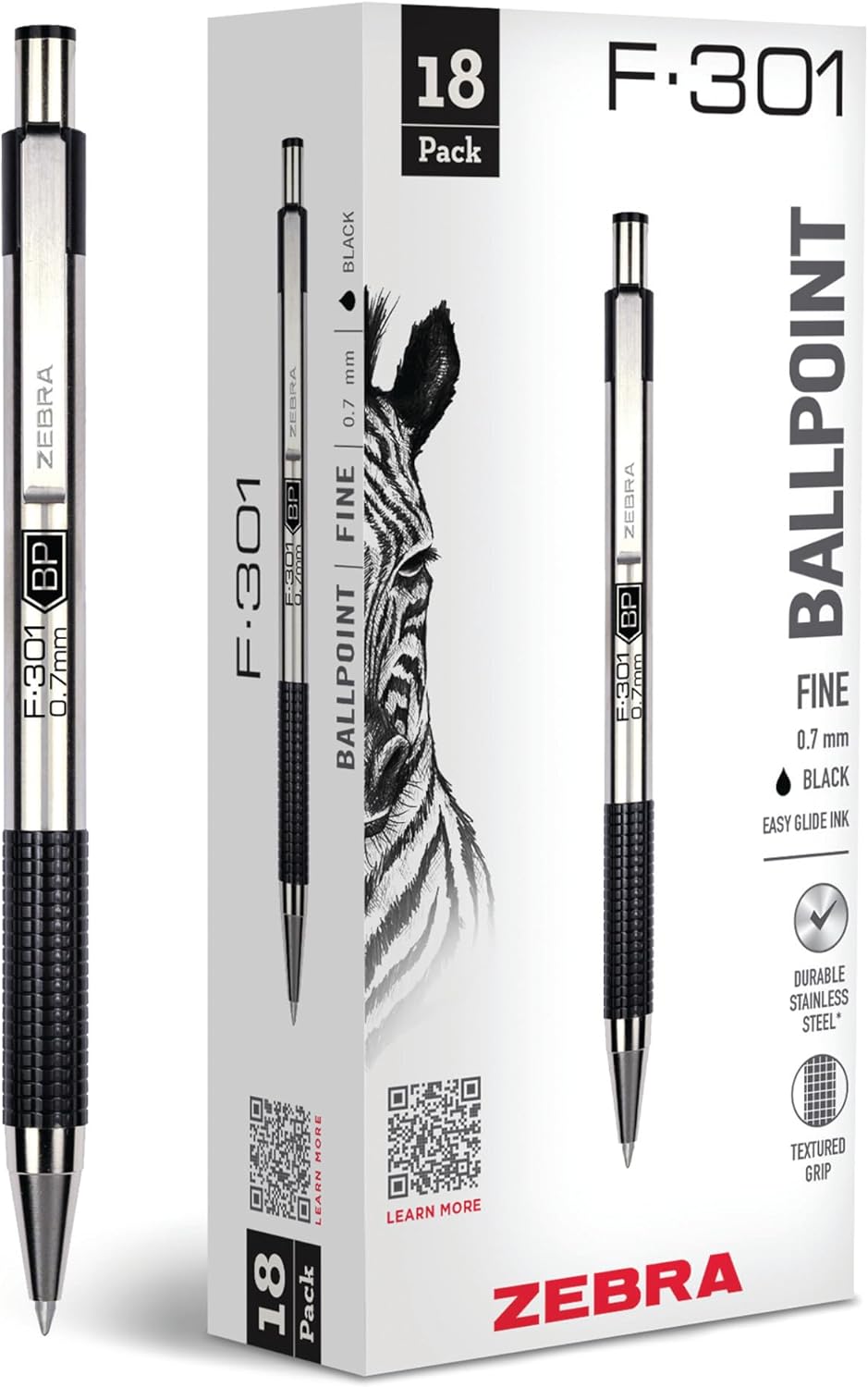 Zebra Pen F-301 Ballpoint Black, Blue, Red and Green Ink, Fine Point 0.7mm Pen, Easy-Glide Ink, Stainless Steel Retractable, Non-Slip Grip, Professional Design, Ideal for Office, 4-Pack (27174)