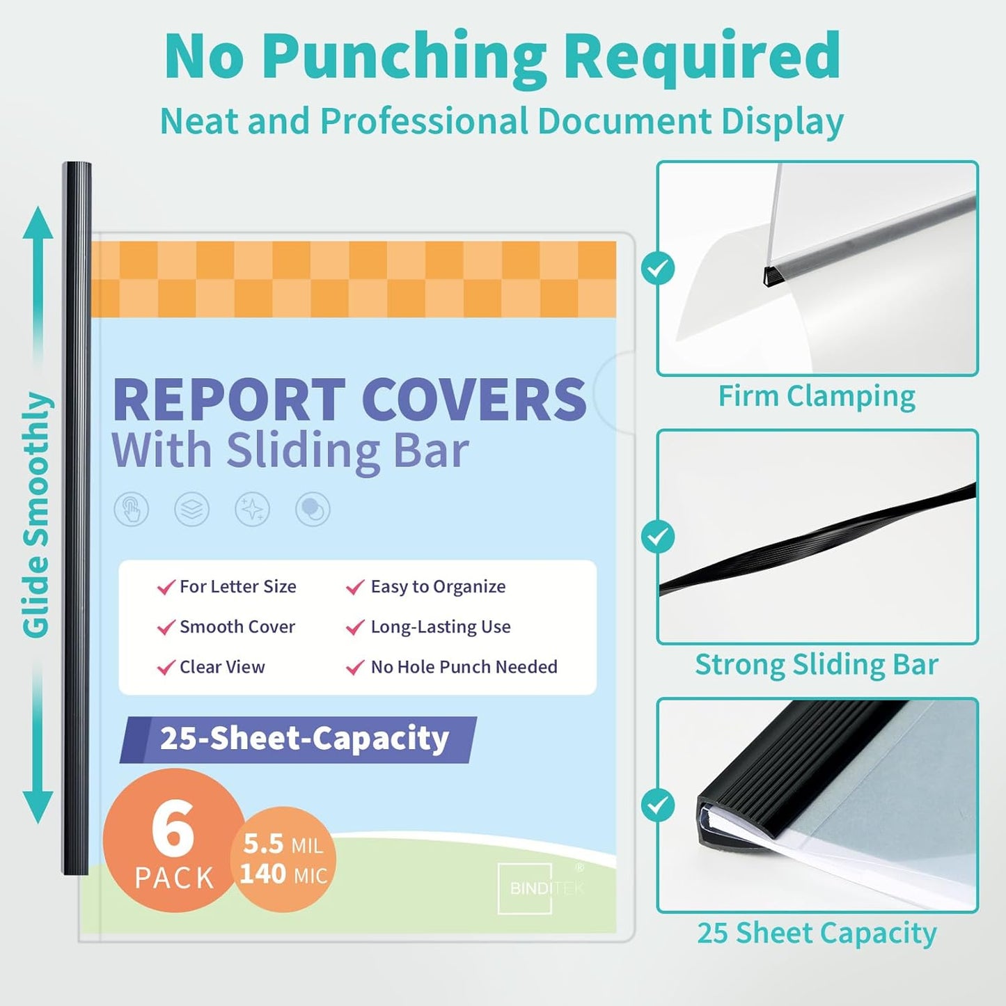 Binditek 12 Pack Clear Report Covers with Sliding Bars, 25 Sheet Capacity, 5mm Binding Bars, Letter Size, 5.5 Mil Thick, Black, for Students and Coworkers