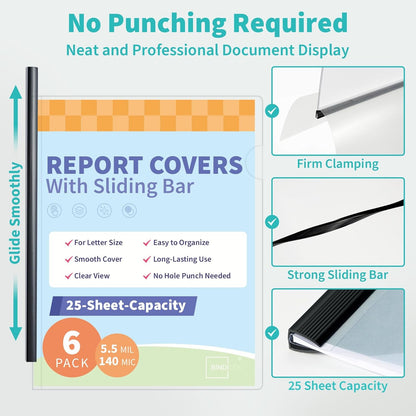 Binditek 12 Pack Clear Report Covers with Sliding Bars, 25 Sheet Capacity, 5mm Binding Bars, Letter Size, 5.5 Mil Thick, Black, for Students and Coworkers