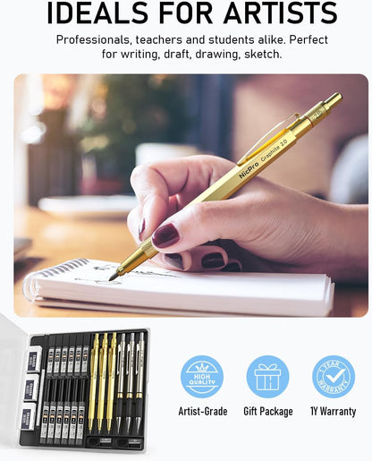 Nicpro 6PCS Art Mechanical Pencil Set, 3PCS Metal Drafting Pencil 0.5 mm & 0.7 mm & 0.9 mm & 3PCS 2mm Graphite Lead Holder (2B HB 2H) For Writing, Sketching Drawing With Lead Refills Case