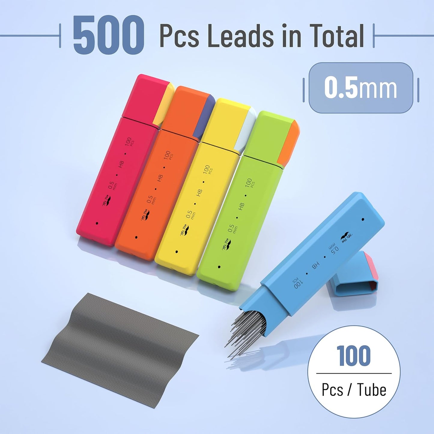 Mr. Pen- 0.5 mm Lead Refills for Mechanical Pencils, 500 pcs (100 per Tube), Black, HB Graphite Lead, Standard Mechanical Pencil Refills for Drawing and Sketching