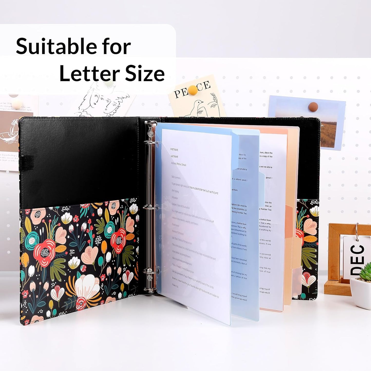 SKYDUE 1 Inch 3-Ring Binder with Clipboard, PU Aesthetic Binder with 5 Dividers, Notepad, Stickers & Pockets for Work and School (Letter Size)