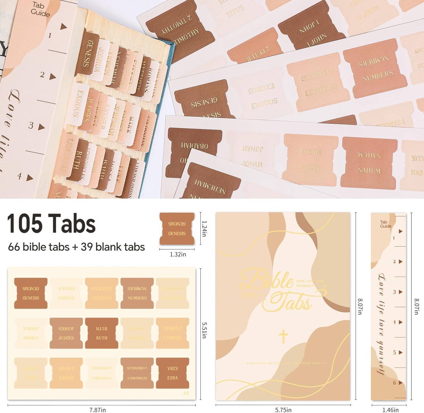 Laminated Bible Tabs, Gold Foil Embossed Lettering Bible Chapter Index Tabs for Women Men, Reposition Large Print Sticky Labels, Easy to Read and Apply, 105Chapters Labels for Easy Navigation (Black)