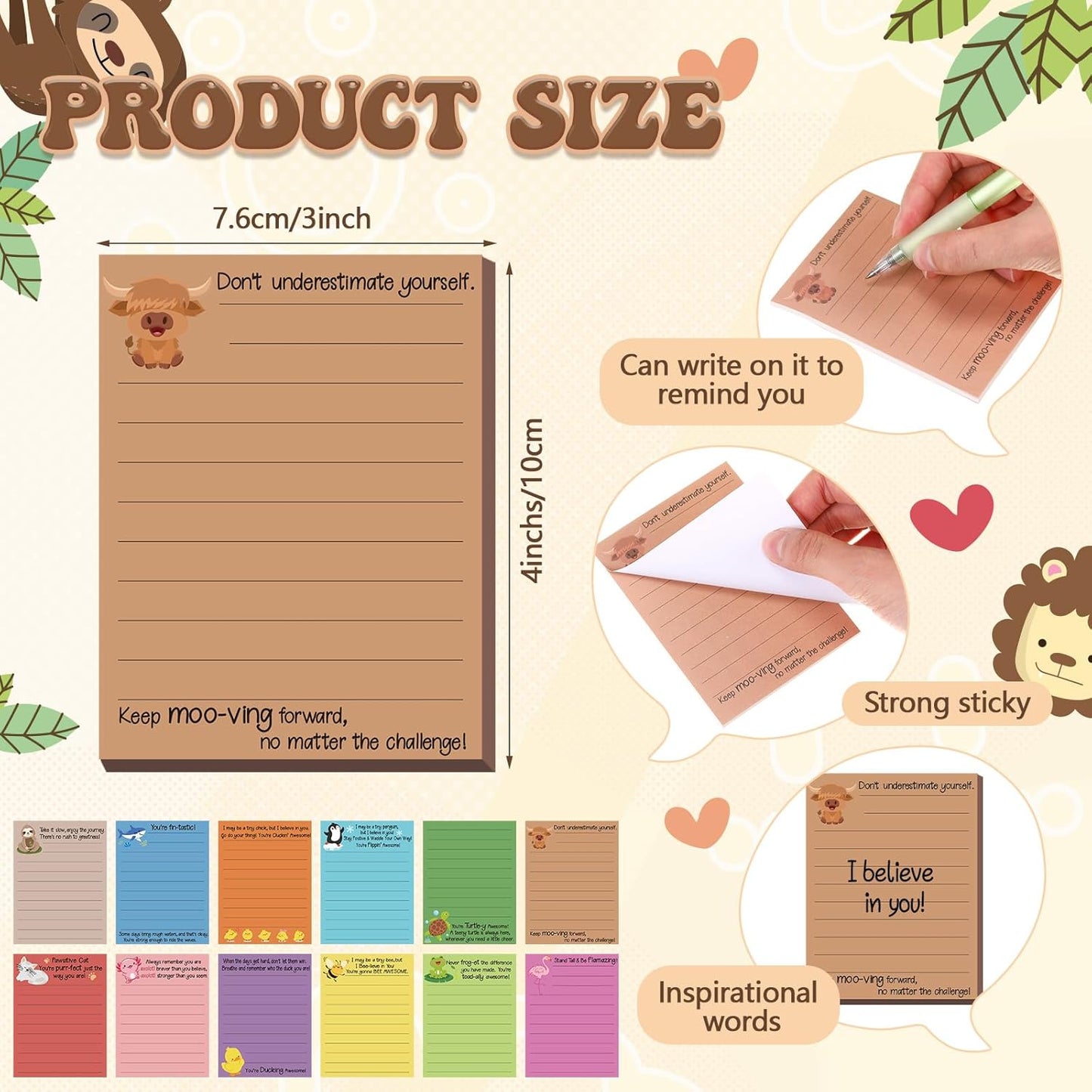 AmazingSpark 12 Pcs Cute Inspirational Sticky Notes, 4*3 Motivational Notepads Positive Emotional Support Gift Funny Lined Memo Note Pads for Office Desk Supplies Coworker Employee(Fruits,Vegetables)