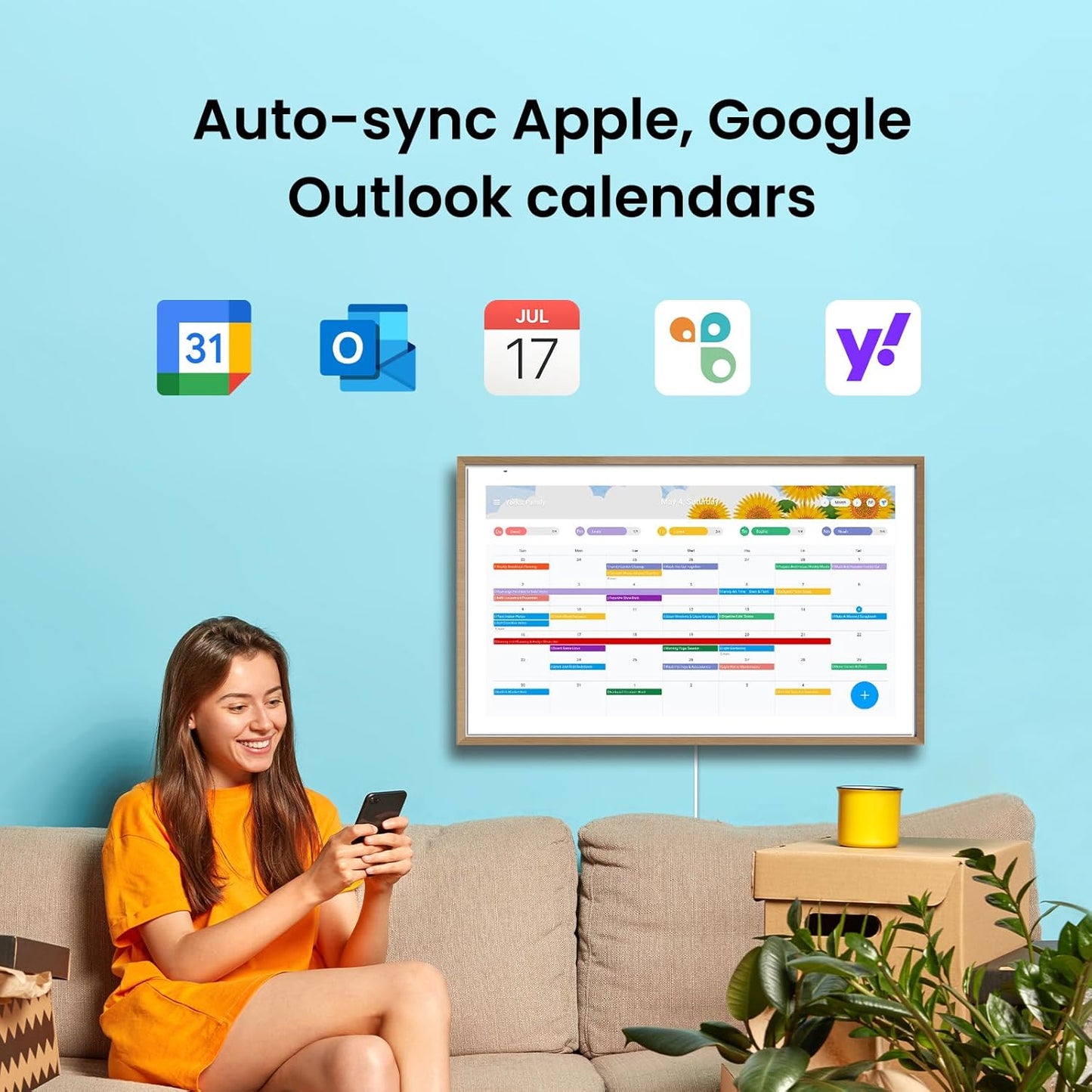 Apolosign 21.5-inch Digital Calendar : Dual Mode Smart Wall Planner, No Subscription, Install Apps, Sync Calendars, Electronic Touchscreen Interactive Display for Family Schedules, Chore Chart (Teak)