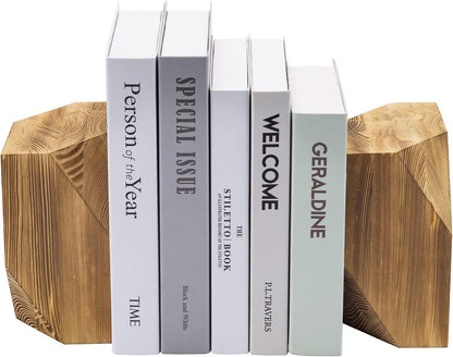 MyGift Brass Wood Decorative Bookends Triangular Design, Office Desk Wooden Book Ends, Book Stand for Shelves with Tone Ring Accent, Rustic Burnt