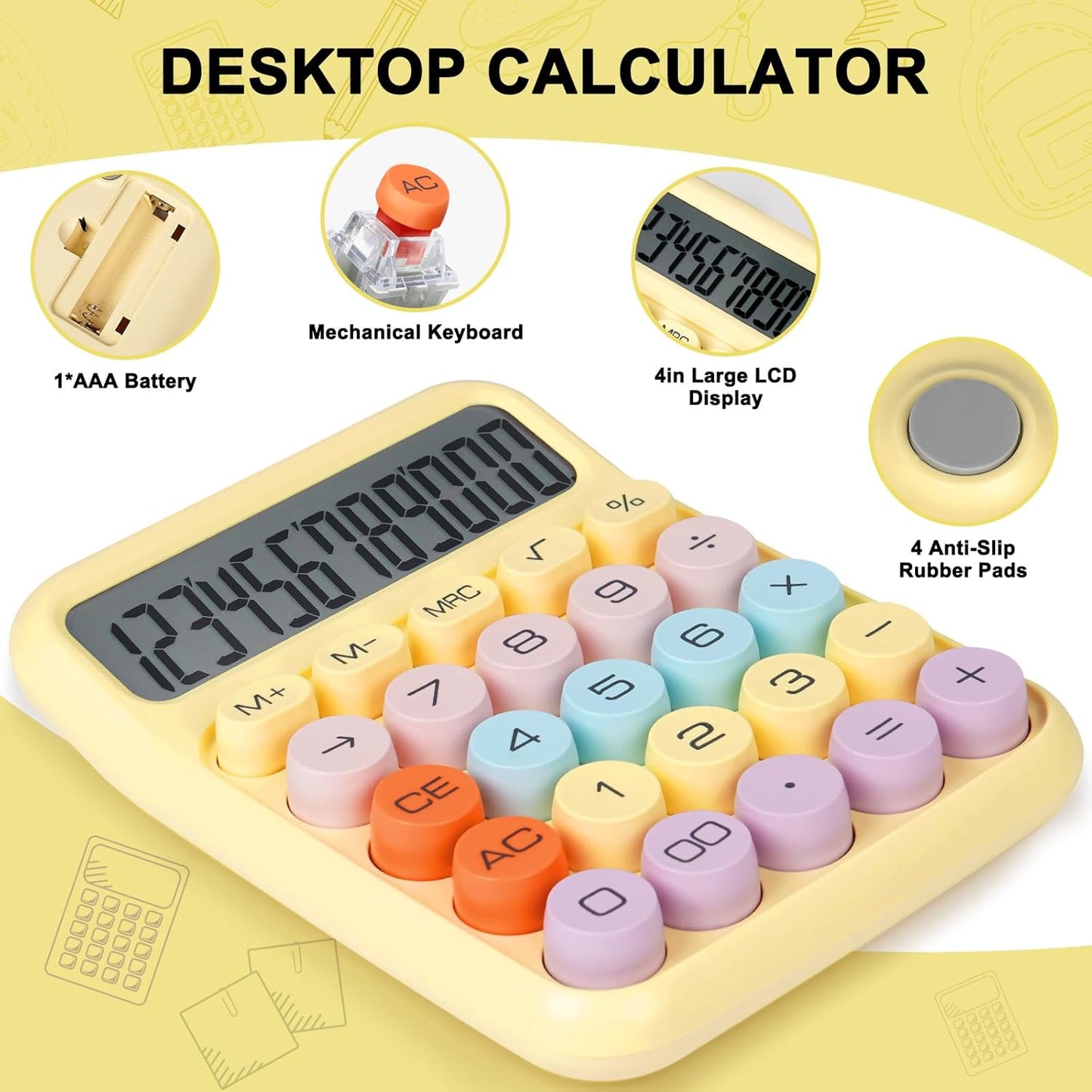 Mechanical Switch Calculator with Big Buttons, Calculators Desktop, 12 Digits, Large LCD Display, Desk Calculator, Cute Pink Calculators for Teachers Students Basic Office (Pink)