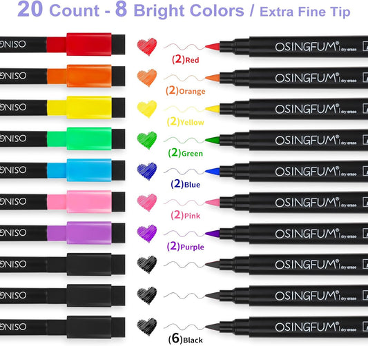 20 Magnetic Dry Erase Markers Ultra Fine Tip, 0.7mm, Extra Fine Point Erasable Markers with Eraser, Thin White Board Markers Dry Erase, Low Odor, 8 Colors