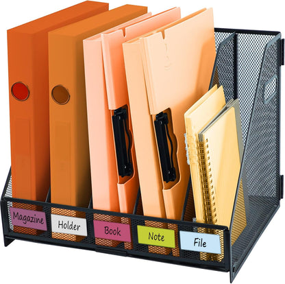 Magazine file holder for desk with 5 Vertical Compartments Folder Storage Binder Organizer for Office Home School Organization, Black