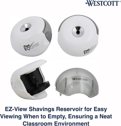 Westcott iPoint Eclipse Battery Pencil Sharpener, Unique Two-Blade Technology, EZ-View Reservoir, Requires 4 AA Batteries, White, for Home, Small Office, Classroom, Back to School, School Supplies