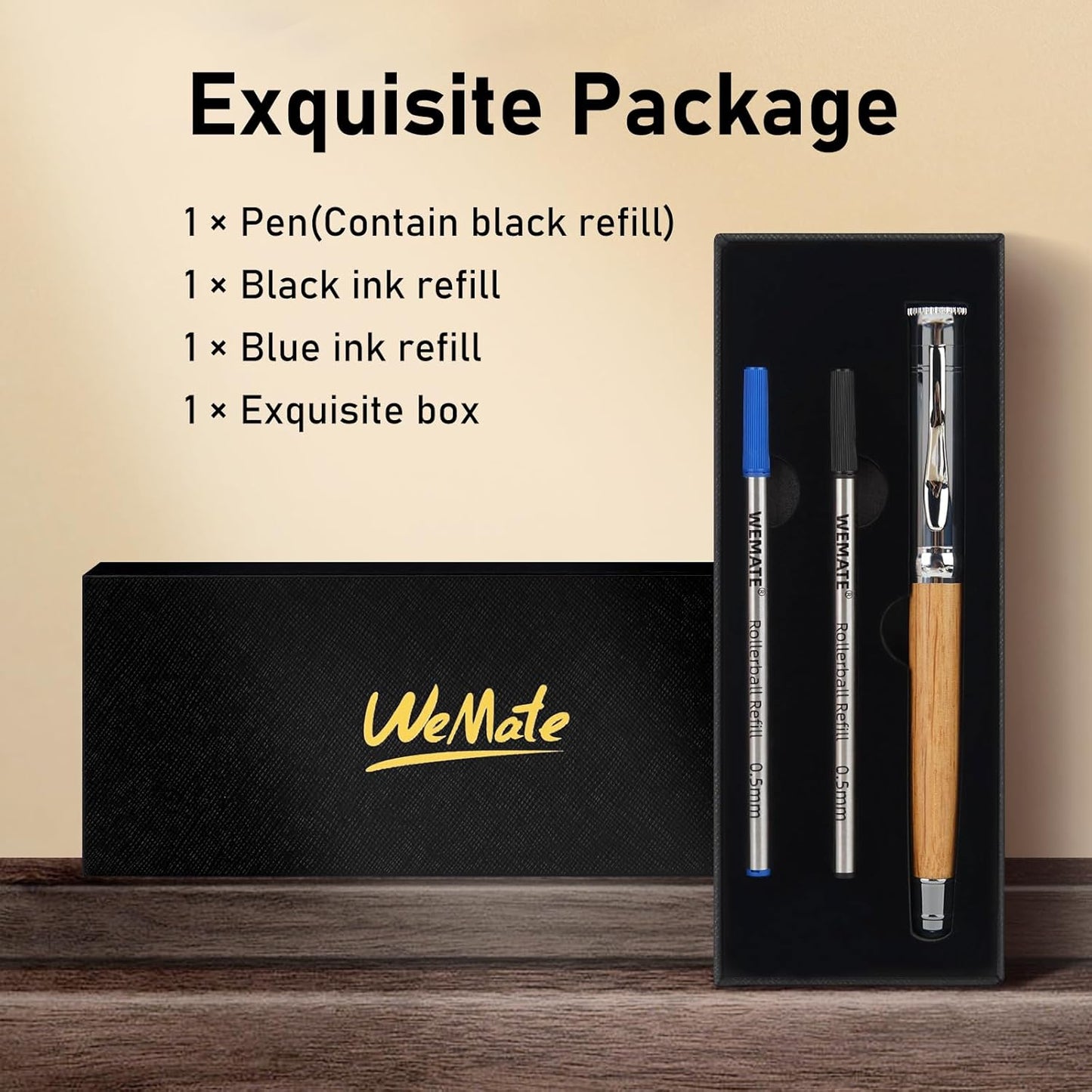 WEMATE Wood Rollerball Pen Set, Extra 2 Ink Refills(1 Black & 1 Blue), Fancy Writing Pen Nice Luxury Office Gift for Men, Professional and Executive, Cool Wooden Pen for Journaling - Red Padouk