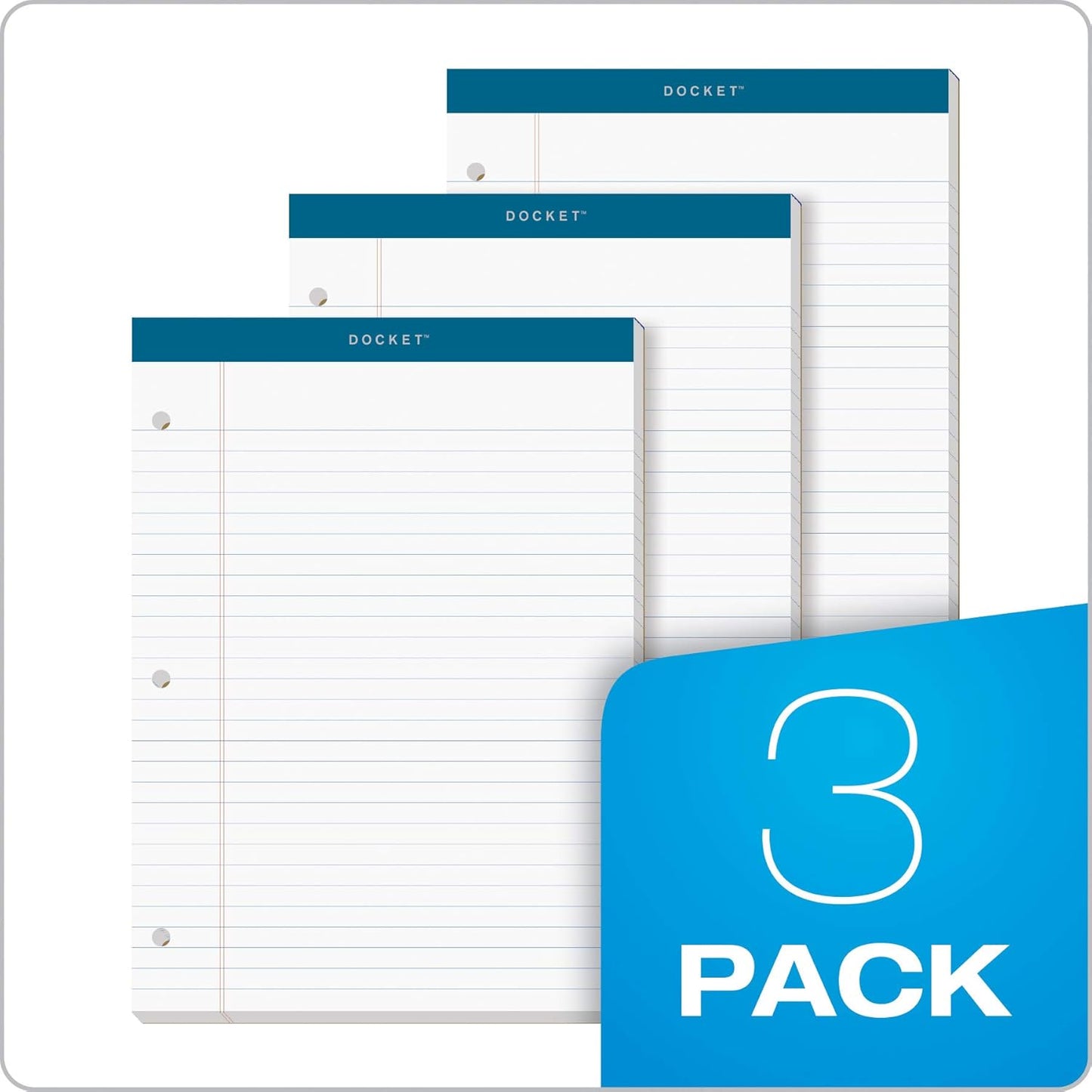 TOPS Docket Writing Pads, 8-1/2" x 11-3/4", Legal Rule, White Paper, 3-Hole Punched, 100 Sheets, 3 Pack (63393)