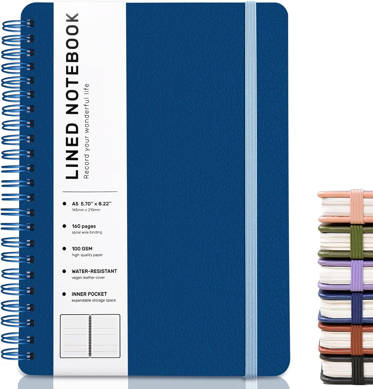 ABERLLS Lined Spiral Journal Notebook with 160 Pages, 8×5.7in, A5 Spiral Notebook, Journaling Notebooks for Work, School, Women, Men, College Ruled Spiral Notebook, Hardcover Leather Journals, Blue