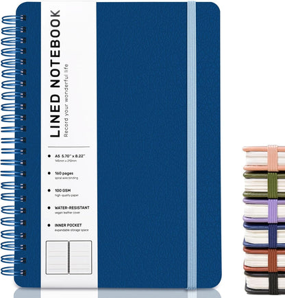 ABERLLS Lined Spiral Journal Notebook with 160 Pages, 8×5.7in, A5 Spiral Notebook, Journaling Notebooks for Work, School, Women, Men, College Ruled Spiral Notebook, Hardcover Leather Journals, Blue