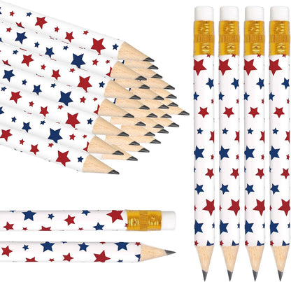 JarThenaAMCS 50Pcs Independence Day Pencil with Erasers American Flag Short Writing Wooden Pencils Red White Blue Patriotic Half Pencil for 250th Anniversary 4th of July School Office Supplies, 4 in