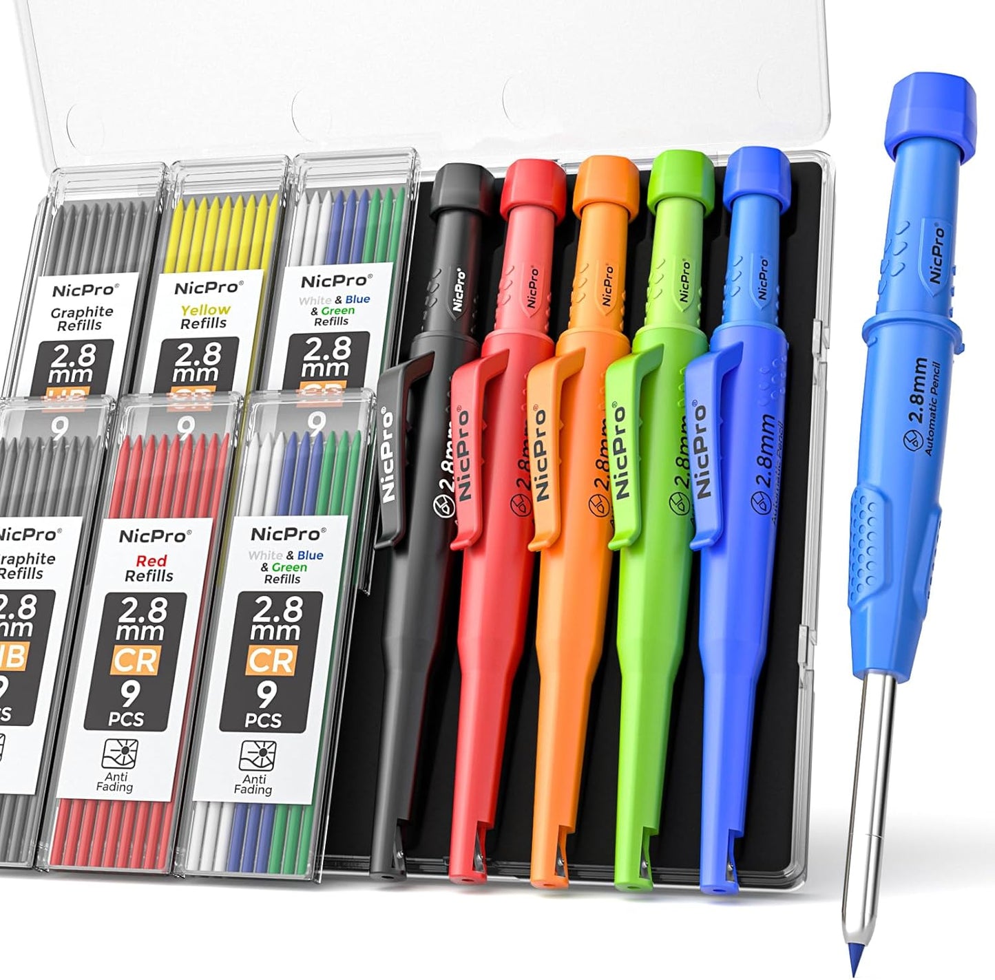 Nicpro 6 Pack CP3000 Carpenter Pencils with Sharpener, Mechanical Pencil Set with 78 Refill, Heavy Duty Construction Pencil, Carpenter Tools for Architect Marking (Red,Black,Yellow,Orange,Green,Blue)