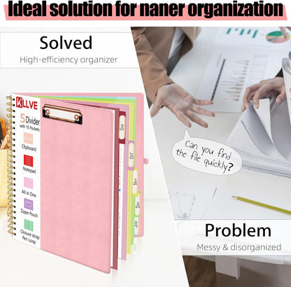 Grey Foldable Spiral Clipboard Folio with Storage Zipper Pouch, 5 Plastic Folders with Pockets,Refillable Lined Notepad (8.5" x 11"), Hardcover Project Organizer with 39 Stickers