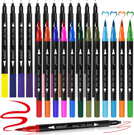 Nicecho Art Markers Dual Brush Pens for Coloring, 60 Artist Colored Marker Set, Fine and Brush Tip Pen Art Supplier for Adult Coloring Books, Bullet Journaling, Drawing