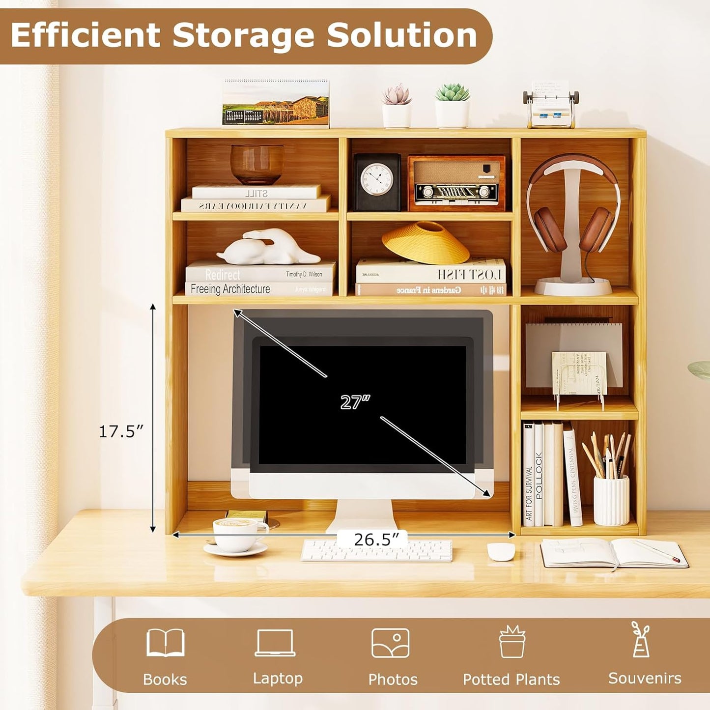Tangkula Desktop Bookshelf, Countertop Storage Hutch with 5 Shelves for Computer Desk, Desk 3-Tier Display Rack, Multipurpose Wood Desktop Hutch Storage Organizer for Dorm Office Home