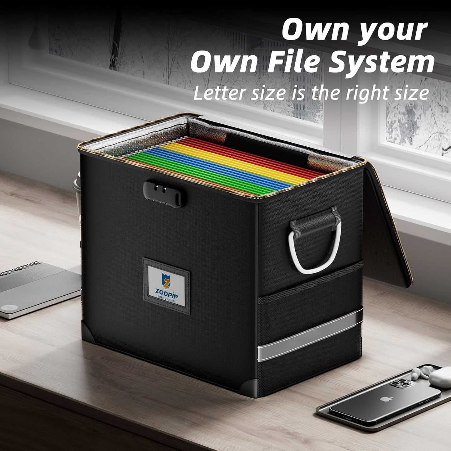 Fireproof File Box with Lock, Document Box Storage Organizer, Suitable for Hanging File Folders in Letter Size, Collapsible File Box, Reflective Strip for Fast Find (12.2"*6"*10.2, Black)