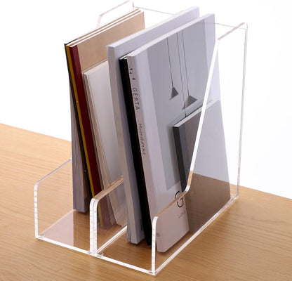 HeZone Acrylic Magazine Rack File Holder Desk Organizers and Storage 2-Pack Small Clear Acrylic Vertical Magazine Holder Book Stand for Office Desk