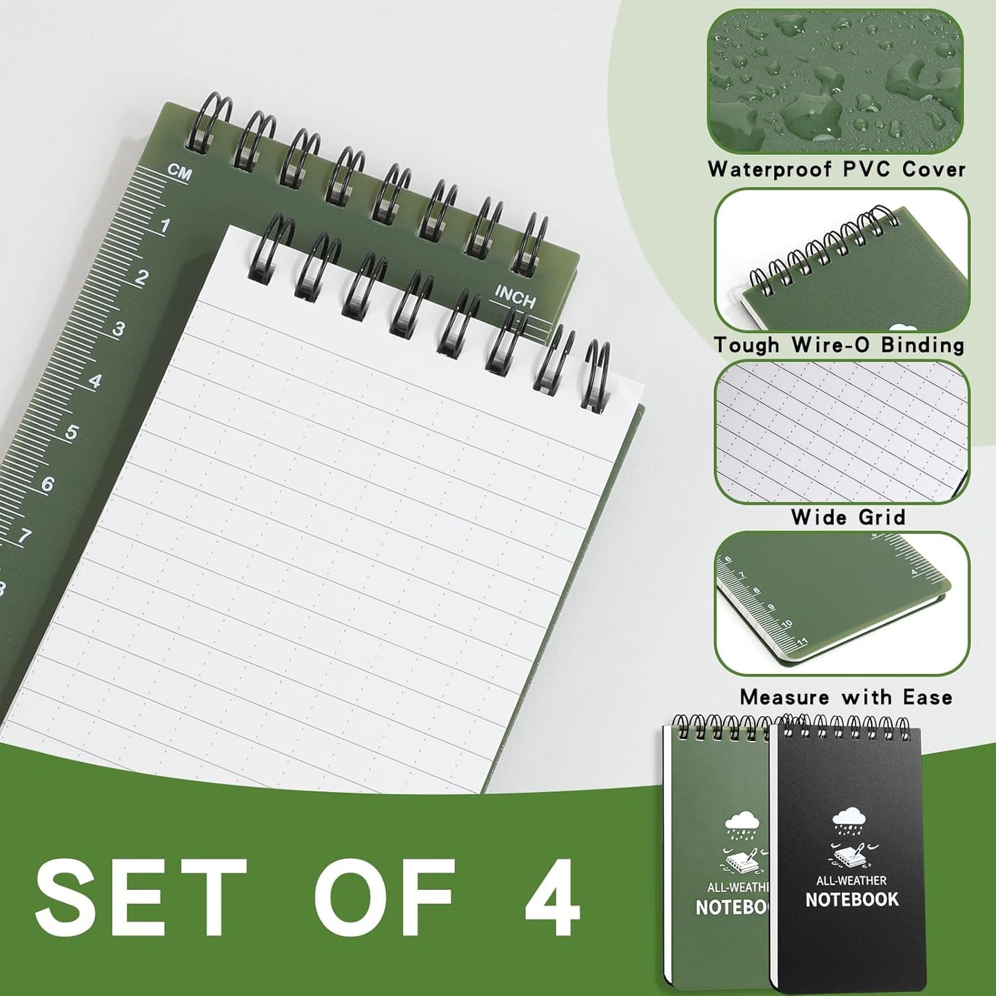 Waterproof Notebook, 4 Pack Pocket Notepad, 3" x 5" Top-Spiral Weatherproof NotePad, All Weather Police Pocket Notebook Mini Memo Steno Note Pads for Outdoor Office School Recording, Black