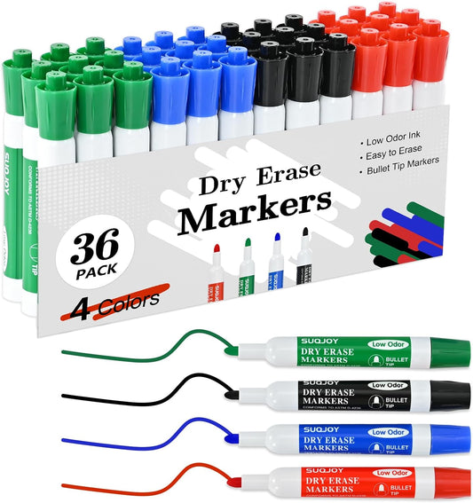 SUQJOY Dry Erase Markers, Bulletl Tip Whiteboard Markers, Low Odor Thick Dry Markers, 36 Bulk 12 Assorted Color Marker for Whiteboard, Classroom, Office & Home