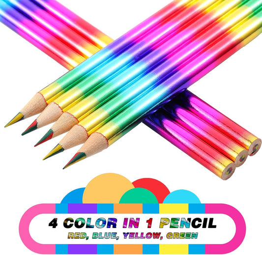 Fainne 96 Pieces Rainbow Colored Pencils 4 Color in 1 Rainbow Wooden Pencil for Kids, Art Supplies, Reward Gifts for Students(Holographic Type)