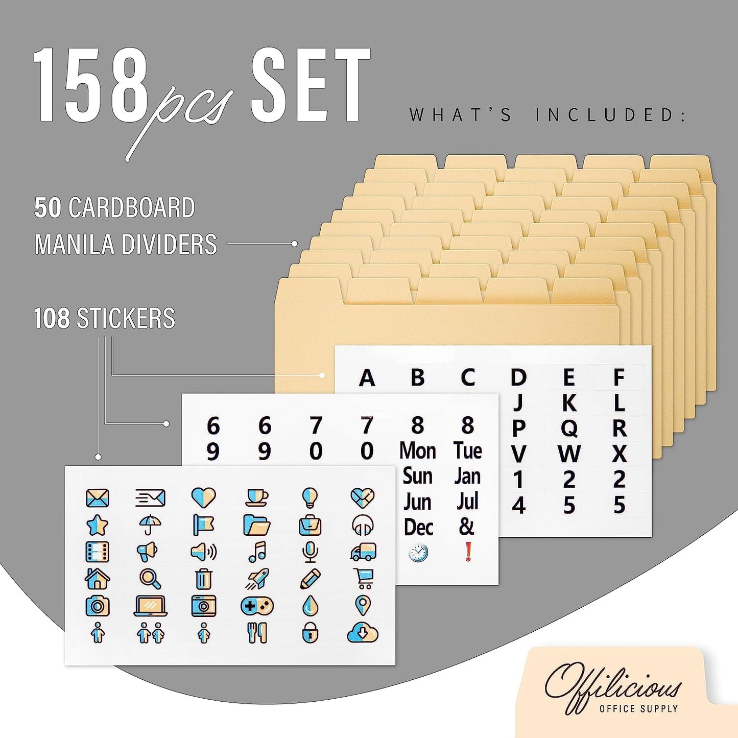 25 Heavyweight Manila Index Card Box Dividers - 3x5 with Tabs & 108 Stickers, Monthly & Recipe Guides, Greeting Card Dividers