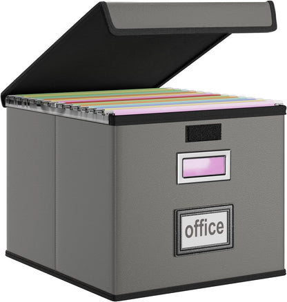 Huolewa Upgraded Portable File Organizer Box with Lid, Collapsible Linen Hanging Filing Storage Boxes with Plastic Slides, Decorative Home/Office Filing System Box for File and Folders Storage (Gray)