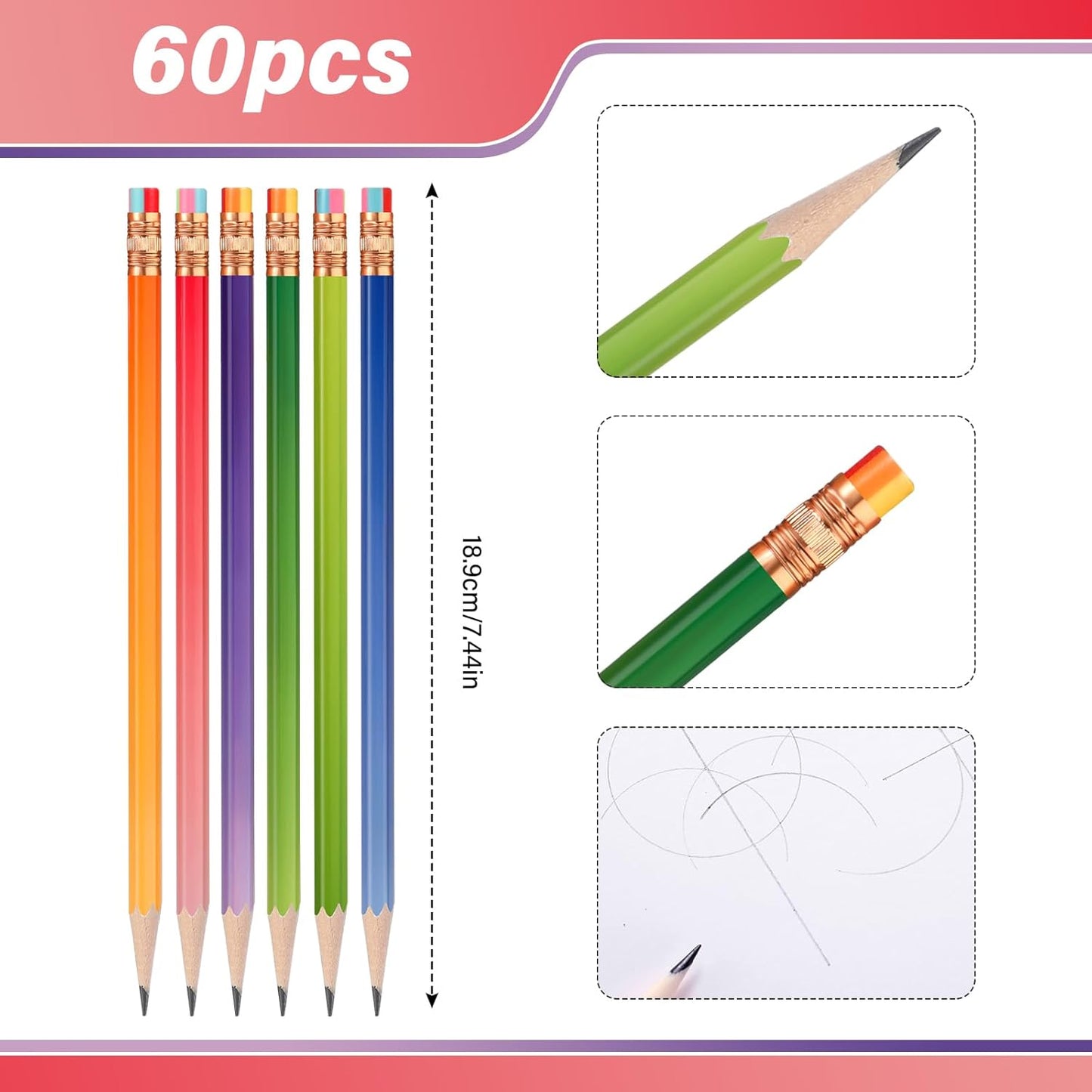 TecUnite 60 Pcs HB Pencils #2 Unsharpened Wood Cased Pencils with Eraser Hexagonal Pencil Cute Graphite No 2 Pen for Adults Gifts Exam School Office Sketching Learning (Wood Color, Silver)