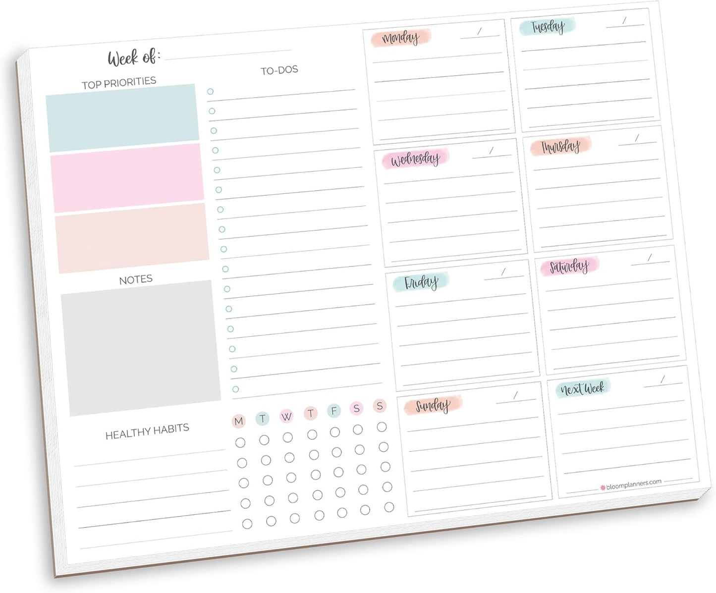 bloom daily planners Horizontal Weekly Tear-Off To Do List Planning Pad - Undated Notepad Organizer & Healthy Habit Tracker - 8.5” x 11” - Floral