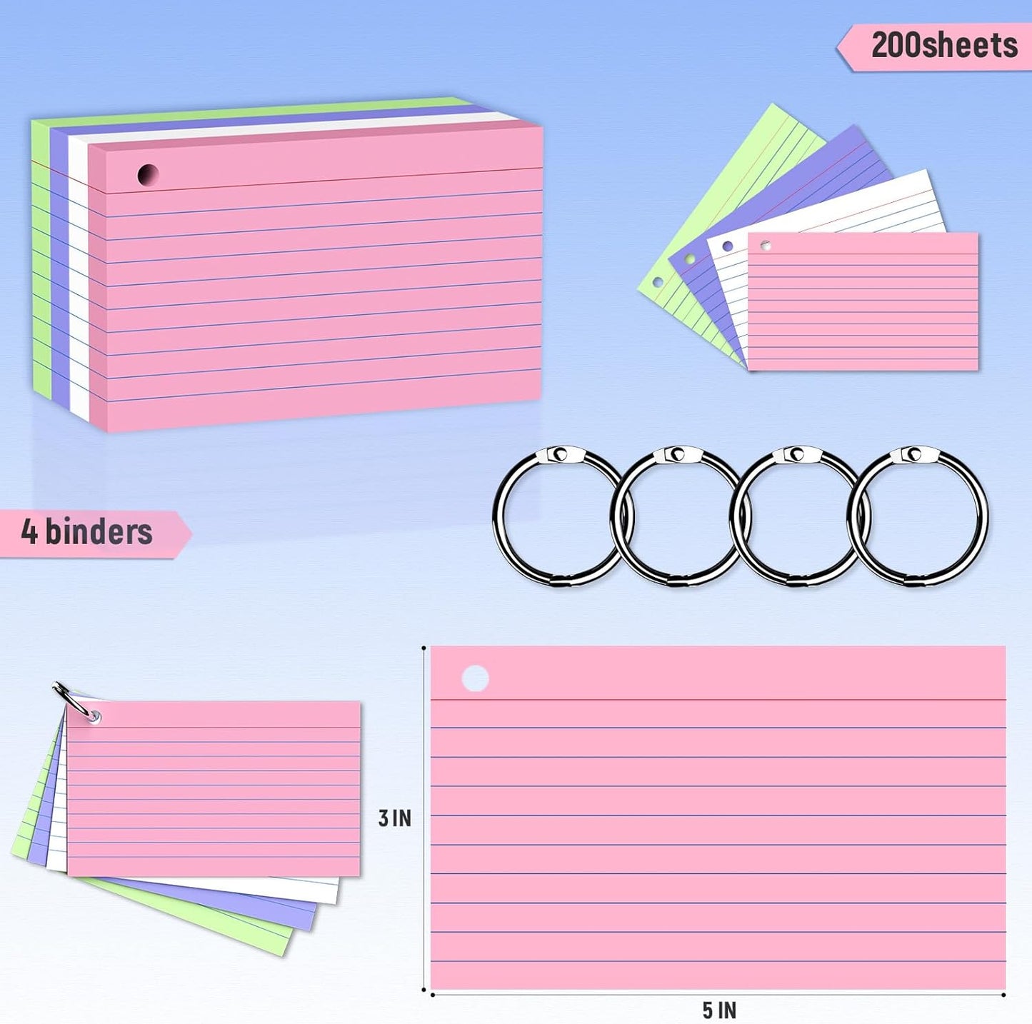 200 Count 3 x 5 Inch Purple Index Cards with Binder Rings, Lined & Blank Study Cards, Thick Cardstock Flash Cards for Students & Teachers, Color-Coded Notecards for School, Home, Work