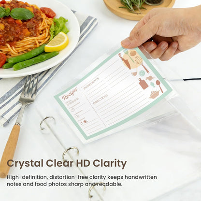 50 Pack Recipe Card Page Protectors, 4x6 Inch Recipe Card Sleeves, Sheet Protectors for 3 Ring Binder 8.5x9.5 Inch, 2 Pockets Per Page, Recipes Binder Refill Pages with 12 Tab Stickers