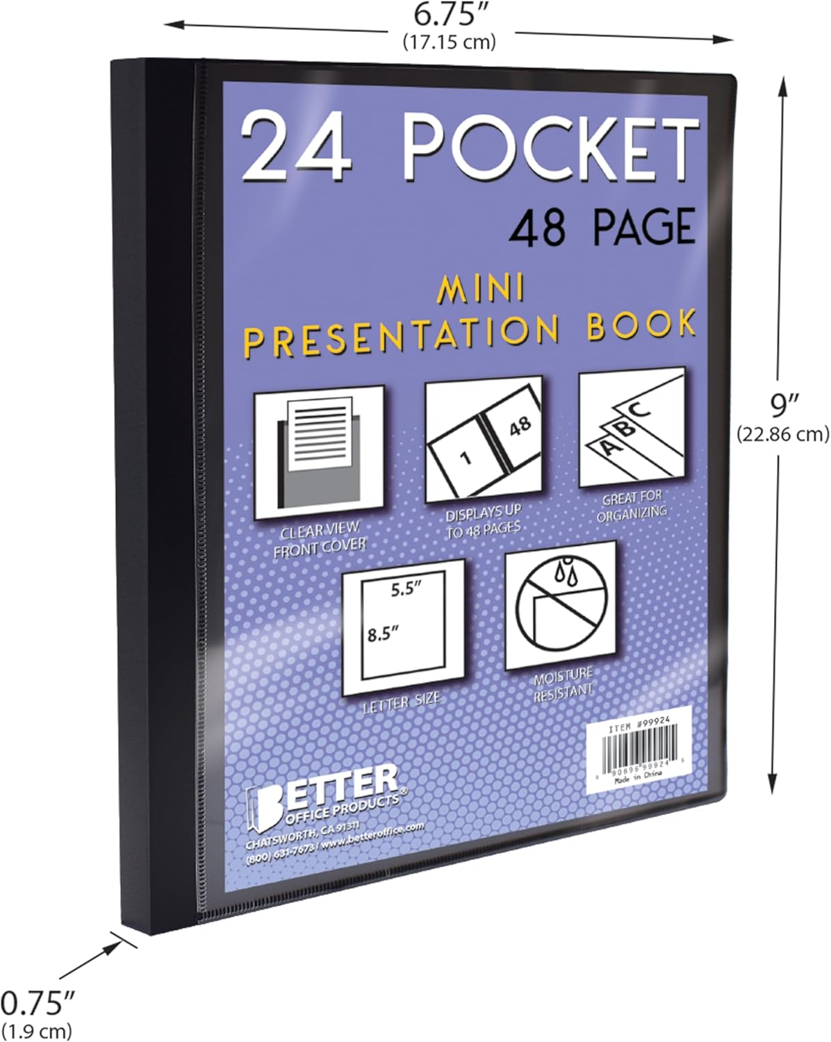 Mini Presentation Book, 5.5" x 8.5" (Half Page), 24 Pockets/48 Pages, 4 Pack, Small Poly Booklets with Clear Sleeves, 2 Black + 2 Blue with Clear View Front Pocket
