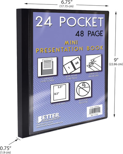 Mini Presentation Book, 5.5" x 8.5" (Half Page), 24 Pockets/48 Pages, 4 Pack, Small Poly Booklets with Clear Sleeves, 2 Black + 2 Blue with Clear View Front Pocket