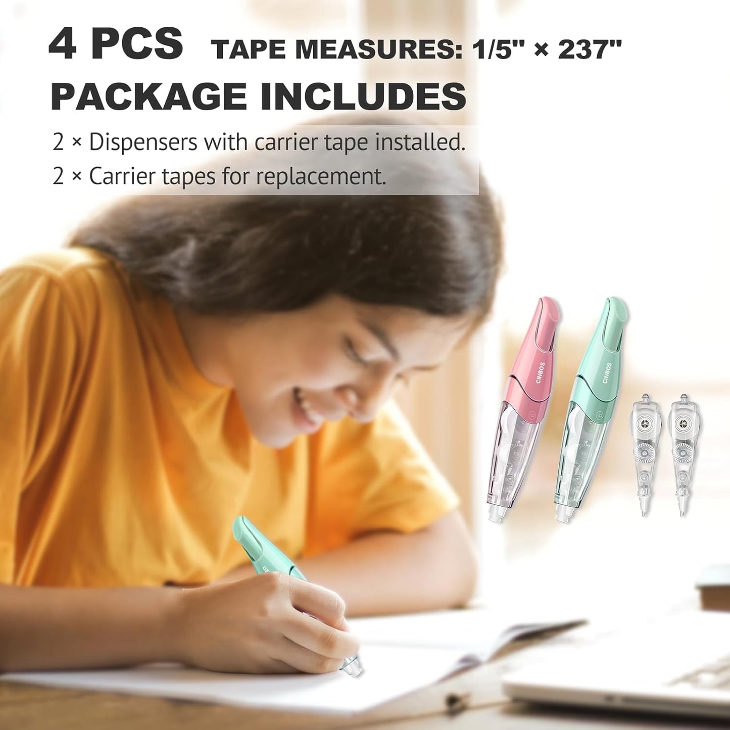 Refillable Retractable Correction Tape with 2 Extra Refills, White Smooth Pull Out Cute Correction Tape for Office Supplies, 4 PCS (CS-25)