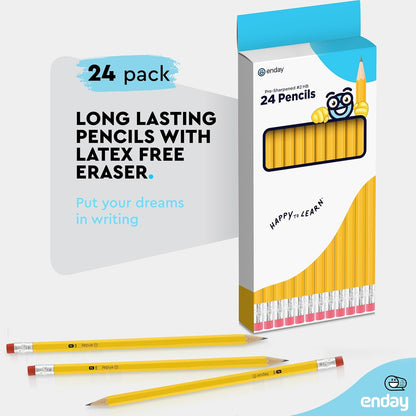 Enday Presharpened #2 Pencils 24 Count, Wood-Cased Yellow Sharpened Pencils with Latex-Free Eraser, for School, Office and Classroom Supplies