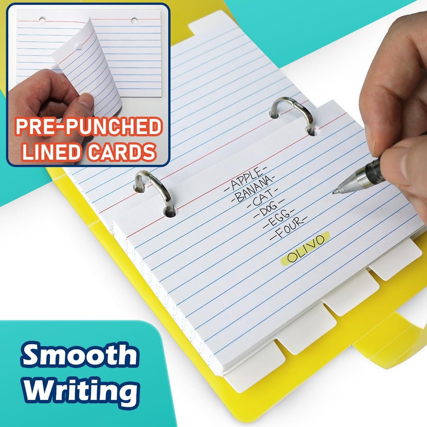 3x5 Lined Index Cards with Ring Binder Holder and Dividers, 100 Ruled Cards, Blue