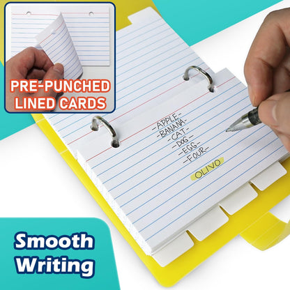 3x5 Lined Index Cards with Ring Binder Holder and Dividers, 100 Ruled Cards, Blue