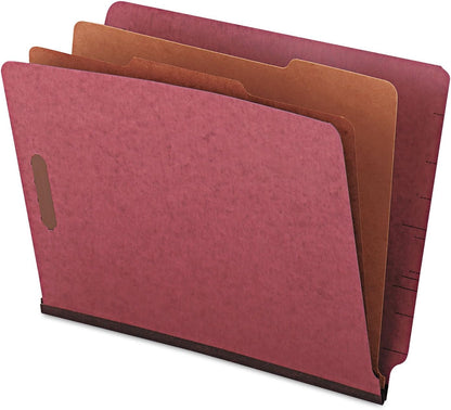 Universal Red Pressboard End Tab Classification Folders, 2" Expansion, 2 Dividers, 6 Fasteners, Letter Size, Red Exterior, 10/Box