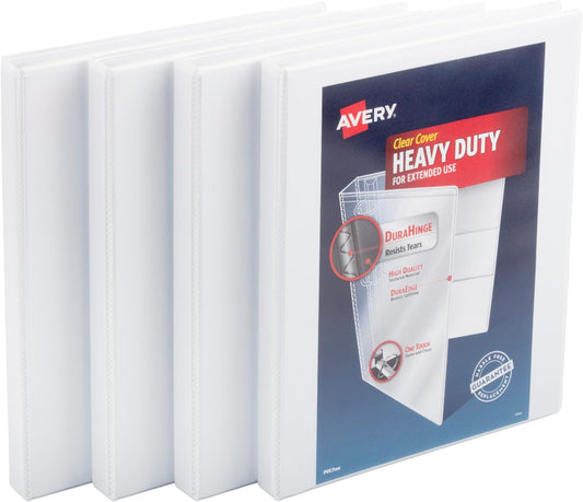 Avery Heavy-Duty View 3 Ring Binders, 1.5 Inch One Touch Slant Rings, DuraHinge, 2.1 Inch Wide Spine, Customizable Clear Cover and Spine, White Binders (4-Pack of 79781)